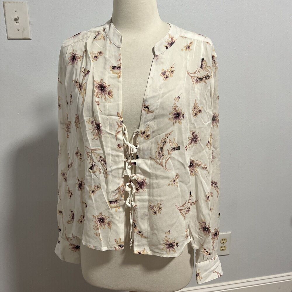 Flynn Skye Lace Up Blouse XS V-Neck Floral Y2K Top Long Sleeves - Picture 2 of 9